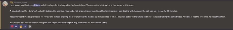 Ellj's Discord testimonial about a ninety-minute coaching call and detailed trade review video