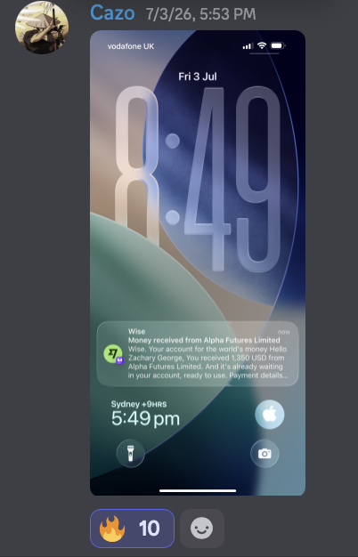 Cazo's Discord post showing a 1,350 dollar Alpha Futures payout notification