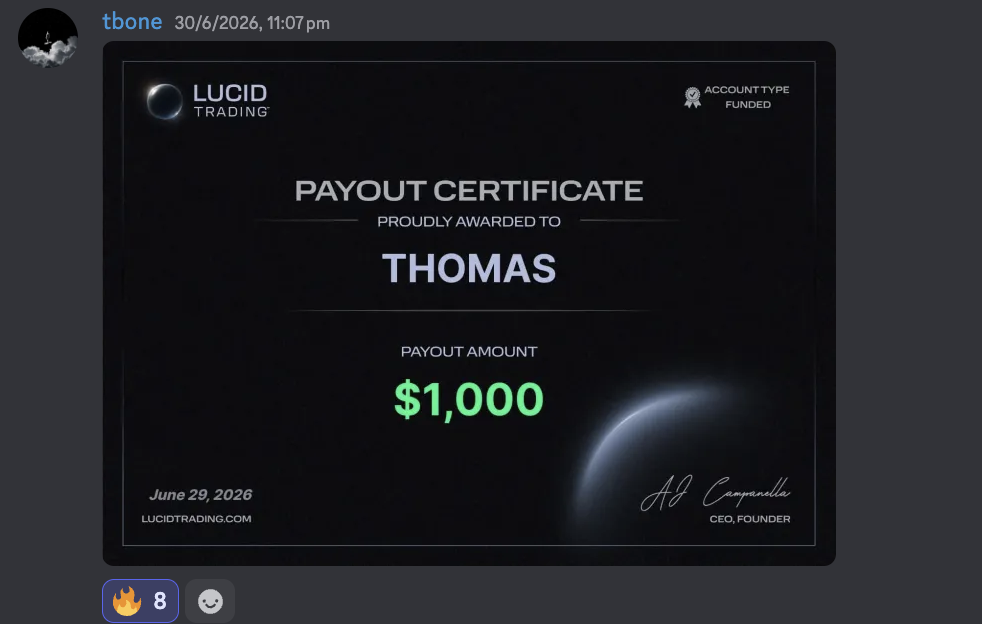 Thomas's one thousand dollar Lucid Trading payout certificate posted in Discord