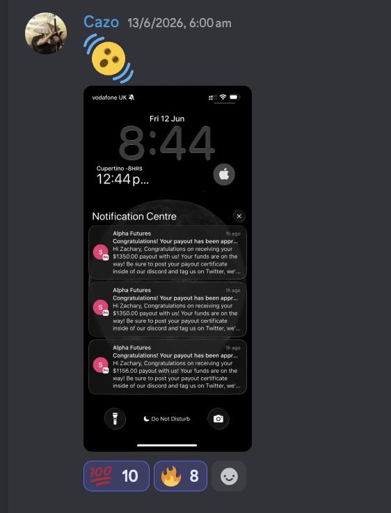 Cazo's Discord post showing three approved Alpha Futures payouts