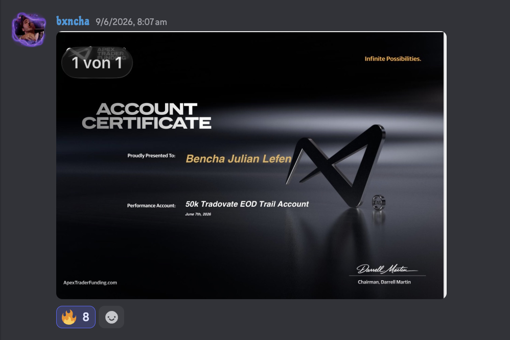 Bxncha's Discord post showing a 50 thousand dollar Apex performance account certificate