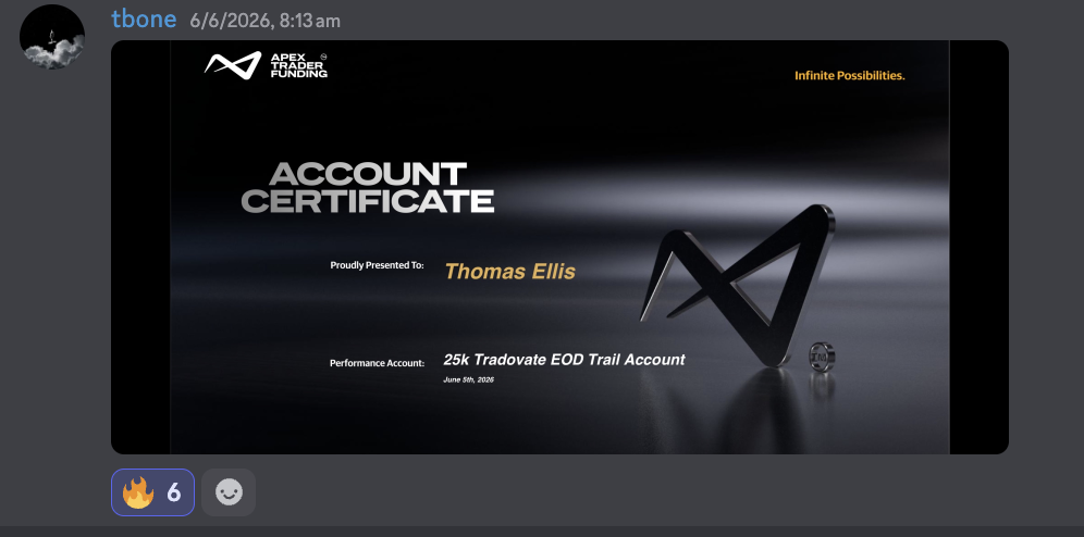Thomas's 25 thousand dollar Apex performance account certificate posted in Discord
