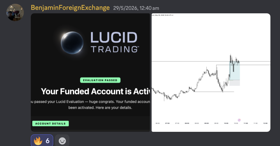 Student Discord post showing a Lucid Trading evaluation pass and funded-account activation