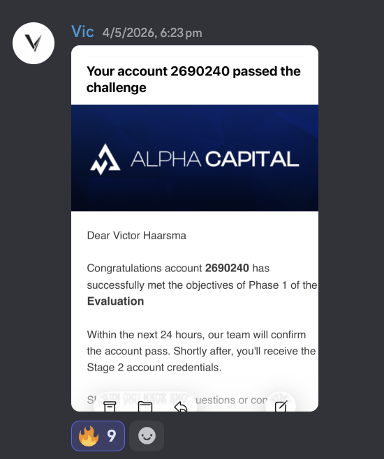 Vic's Discord post showing an Alpha Capital phase one challenge pass