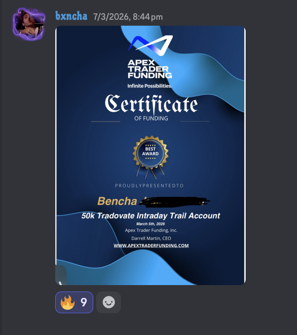 Bxncha's 50 thousand dollar Apex funding certificate posted in Discord