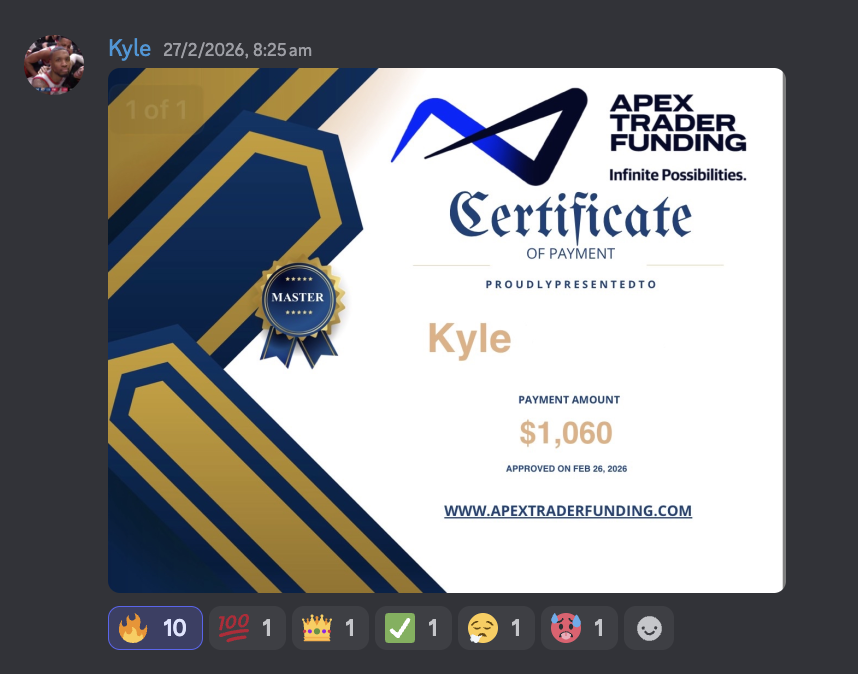 Kyle's 1,060 dollar Apex Trader Funding payment certificate posted in Discord