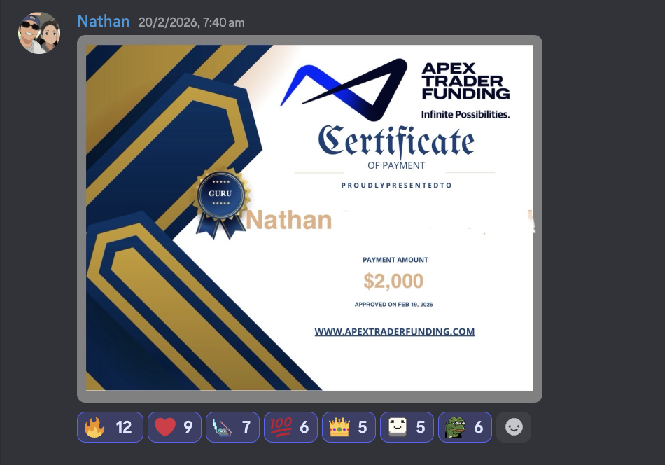 Nathan's two thousand dollar Apex Trader Funding payment certificate posted in Discord