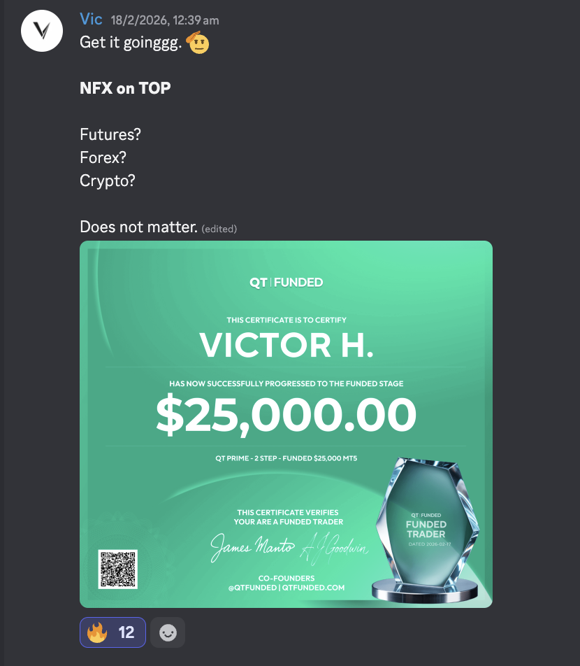 Vic's 25 thousand dollar QT Funded certificate posted in Discord