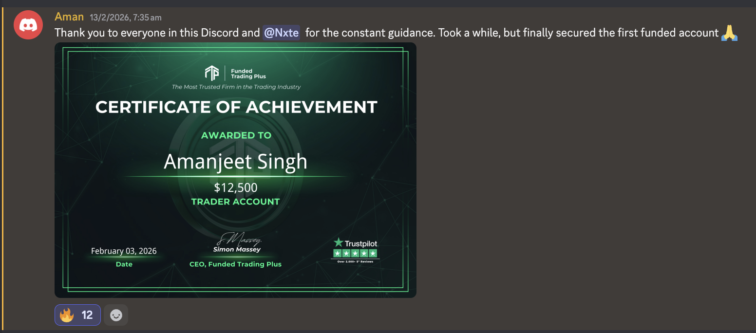 Aman's Discord post thanking NFX after securing a first funded account