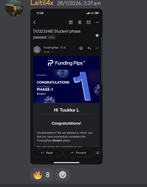 Student Discord post showing a FundingPips phase one evaluation pass