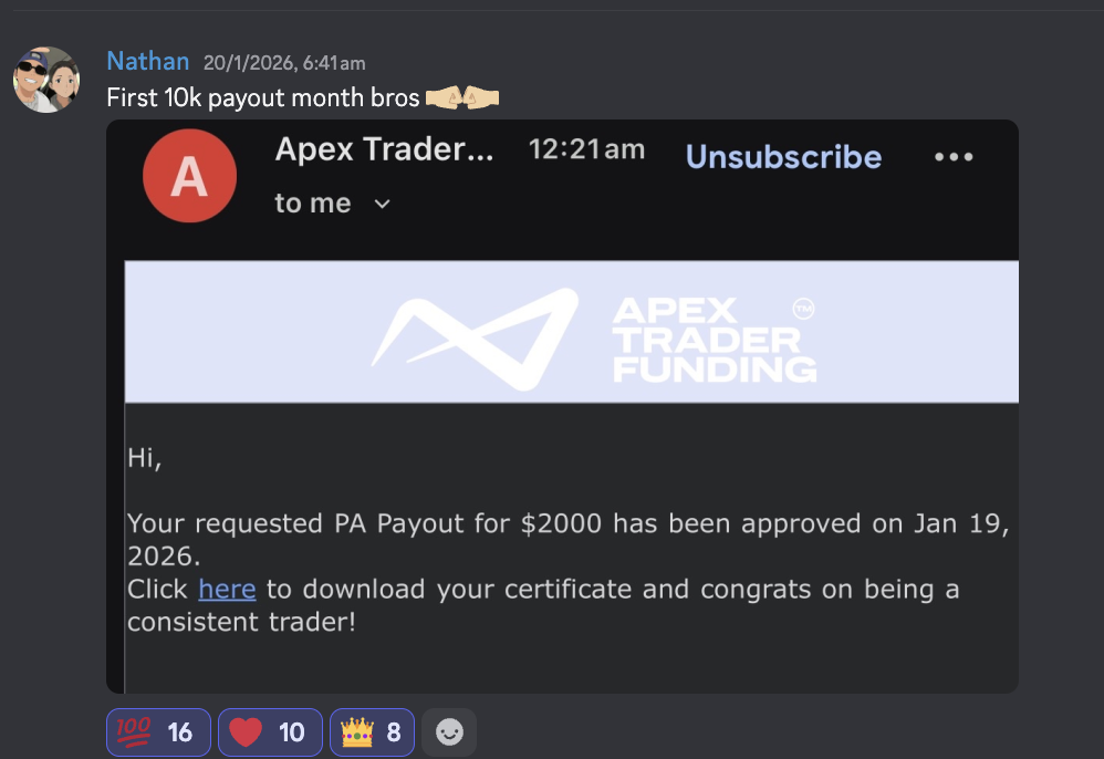 Nathan's Discord post documenting a first ten thousand dollar payout month