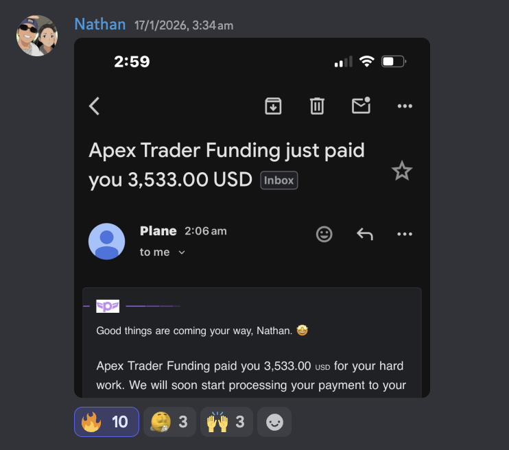 Nathan's Discord post showing a 3,533 dollar Apex Trader Funding payment