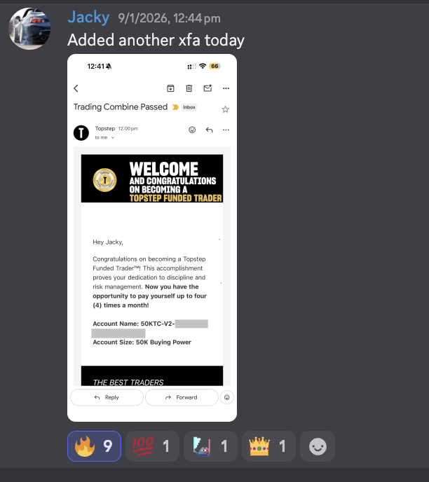 Jacky's Discord post showing another 50 thousand dollar Topstep funded account