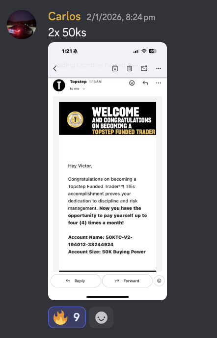 Carlos's Discord post showing two 50 thousand dollar Topstep funded accounts
