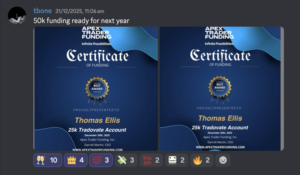 Thomas's Discord post showing two 25 thousand dollar Apex funding certificates