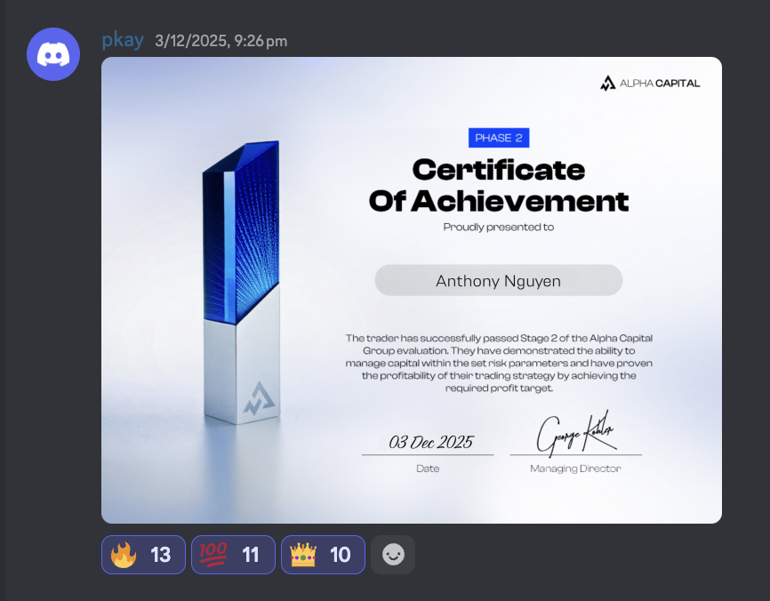 Pkay's Alpha Capital phase two evaluation certificate posted in Discord