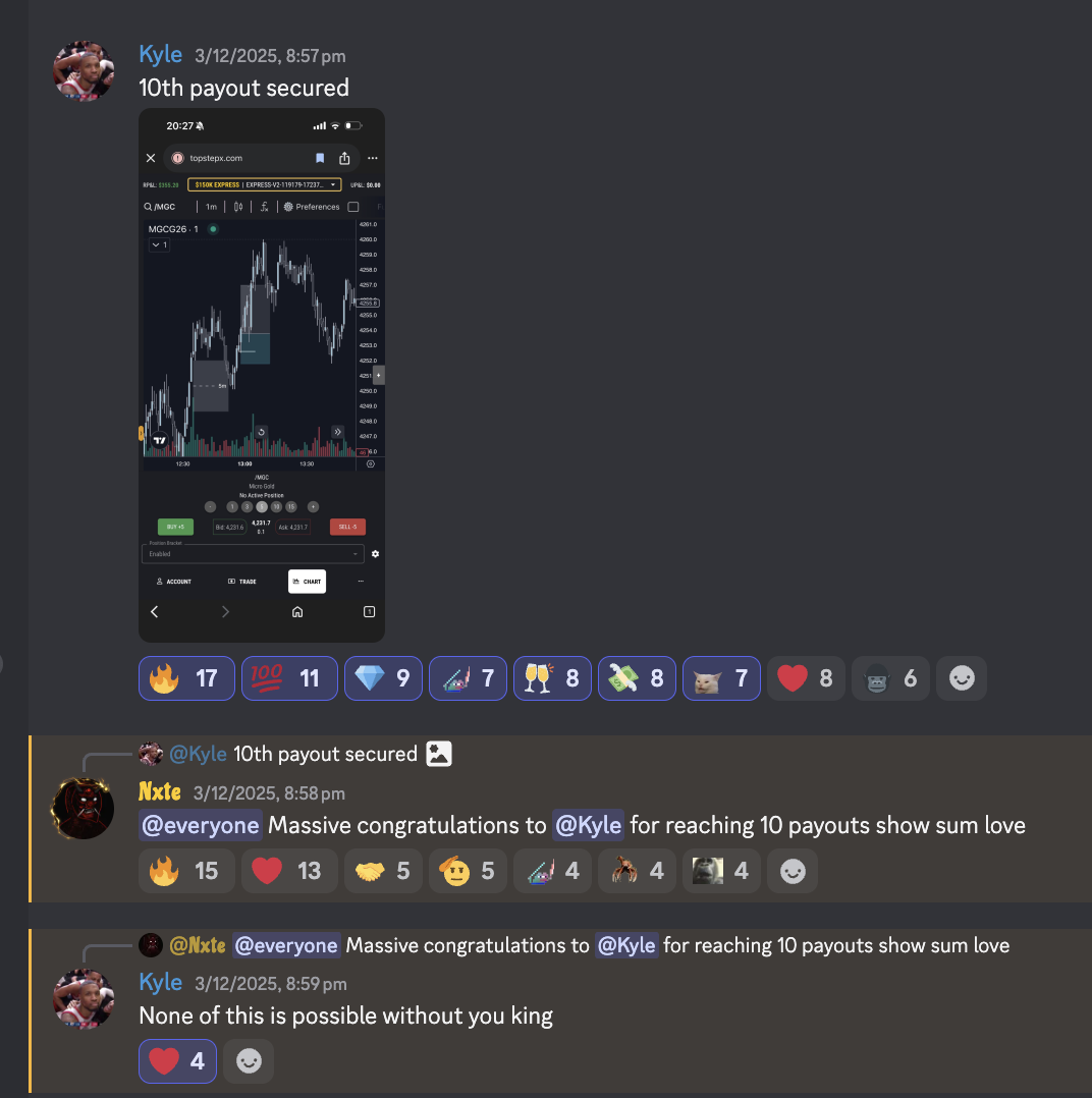 Kyle's Discord post celebrating a tenth trading payout and crediting Nxte