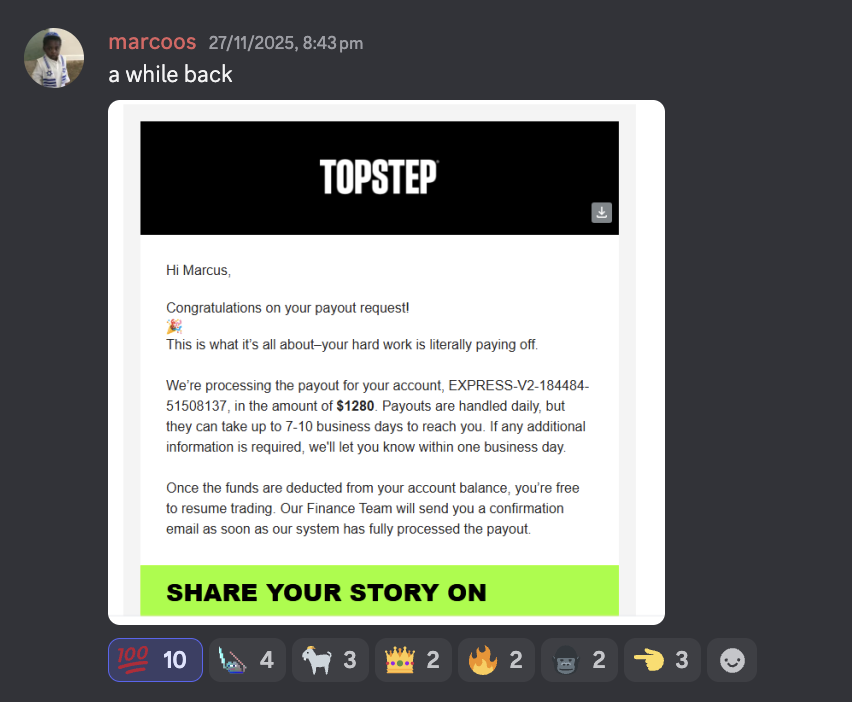 Marcoos's Discord post showing a 1,280 dollar Topstep payout