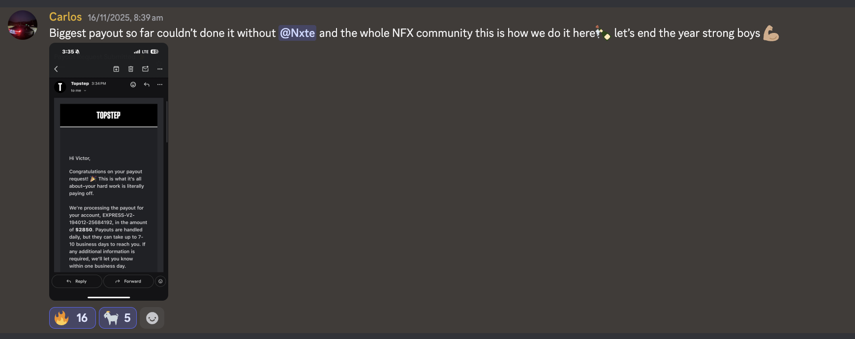 Carlos's Discord post showing a 2,850 dollar Topstep payout and crediting NFX