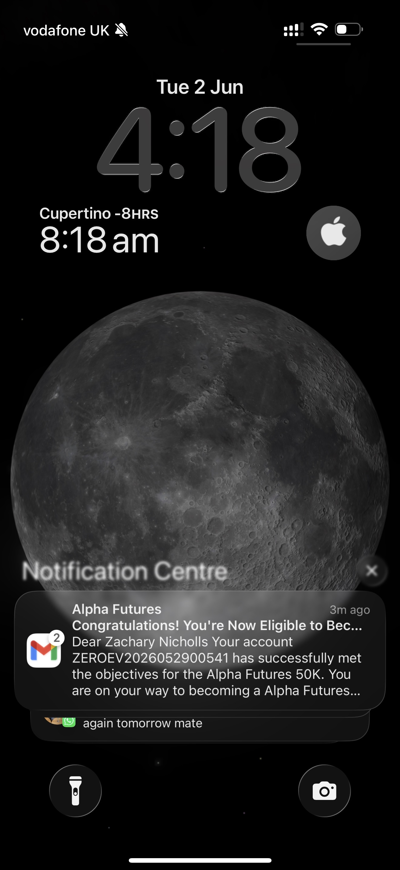 Cazo's Discord post showing an Alpha Futures 50 thousand dollar evaluation completion notice