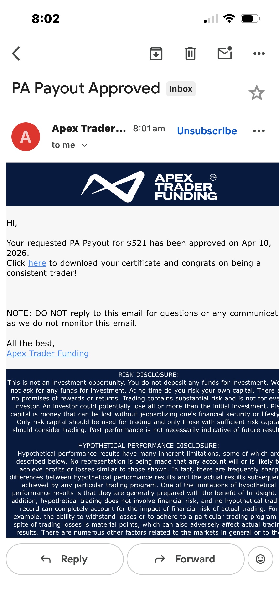 Nathan's Discord post showing a 521 dollar Apex Trader Funding payout approval email