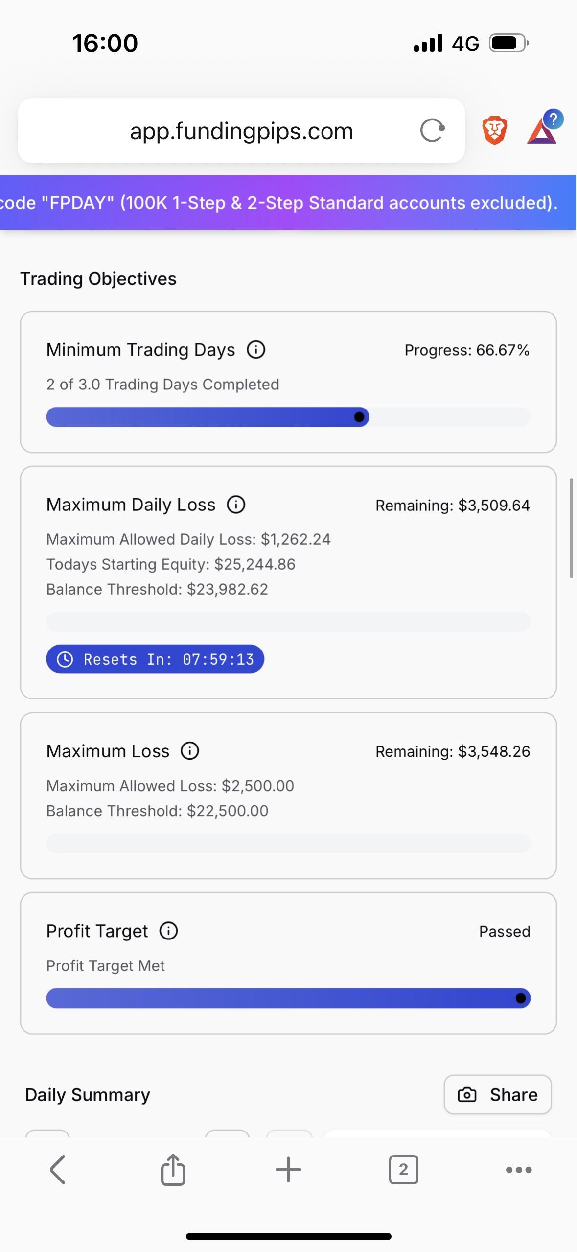 Vic's FundingPips dashboard showing the profit target passed after two trading days
