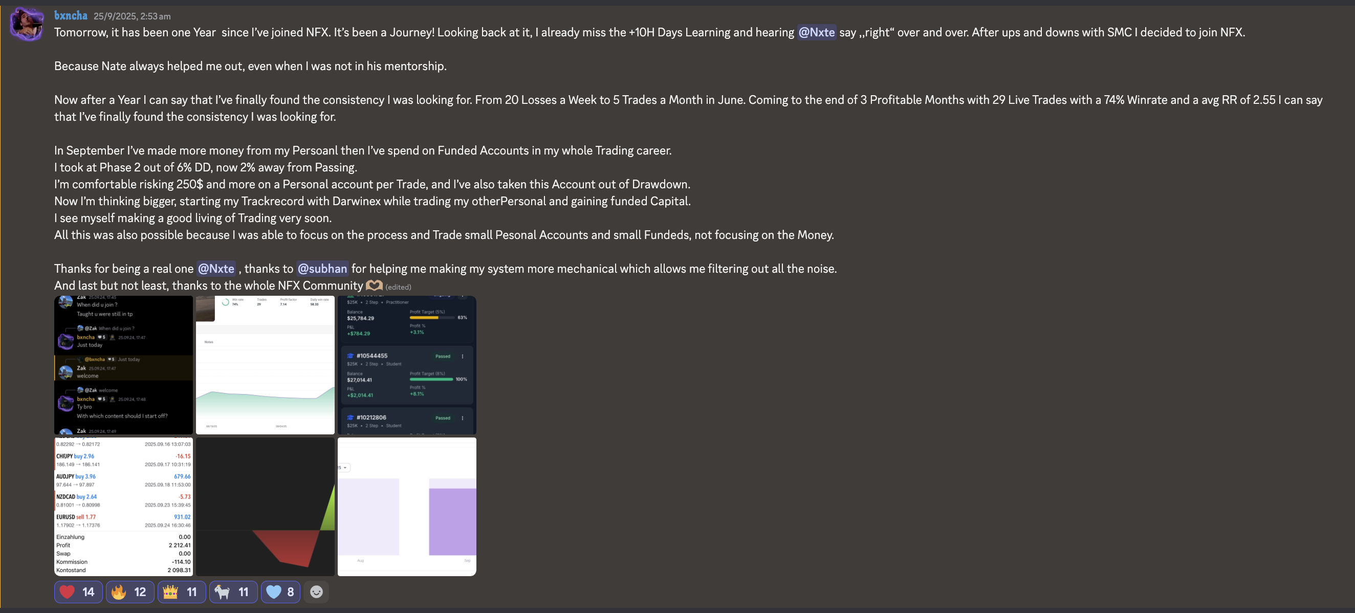 Bxncha's Discord testimonial describing three profitable months and a 74 percent win rate