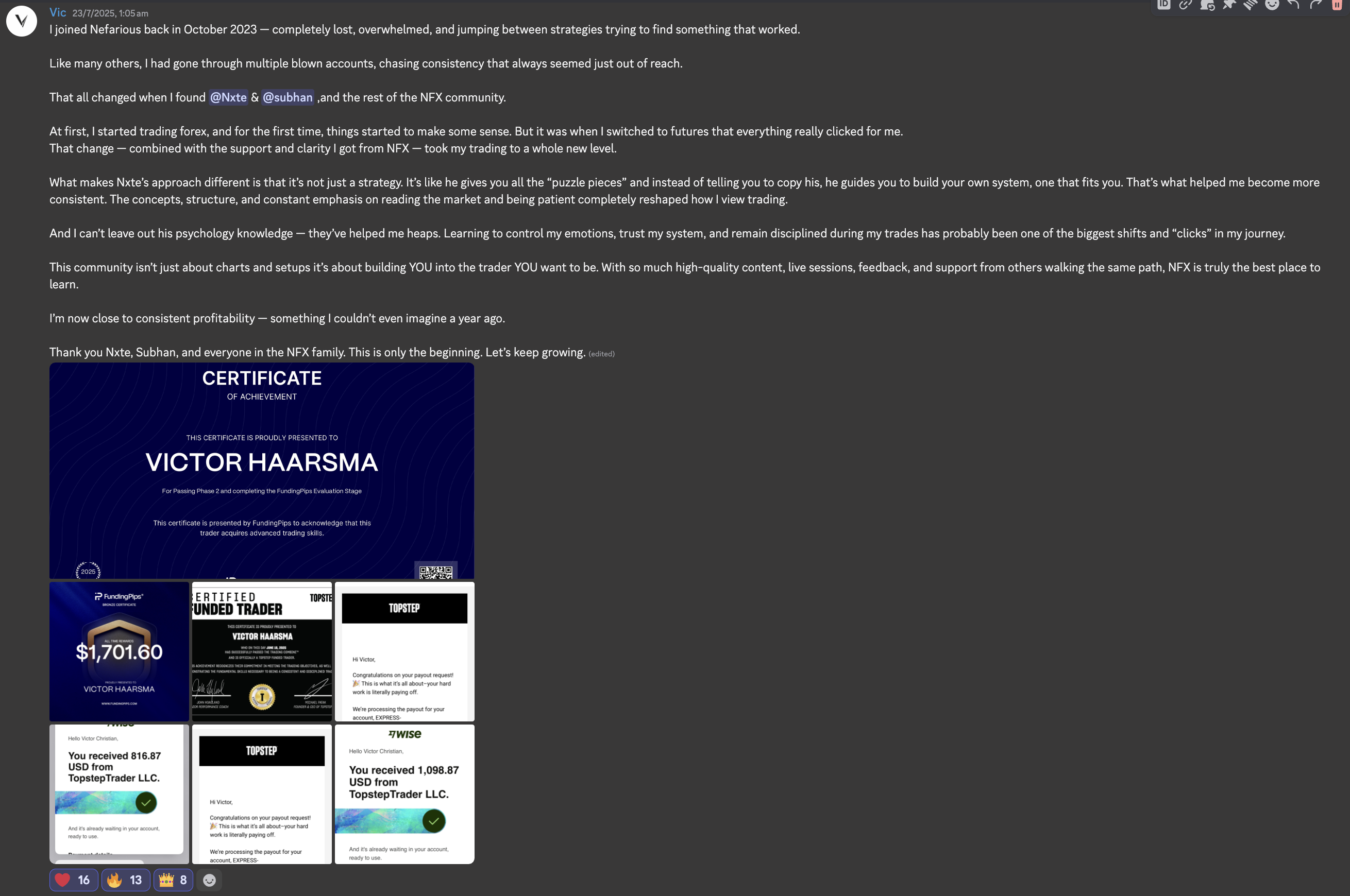 Vic's Discord testimonial with evaluation certificates and payout records